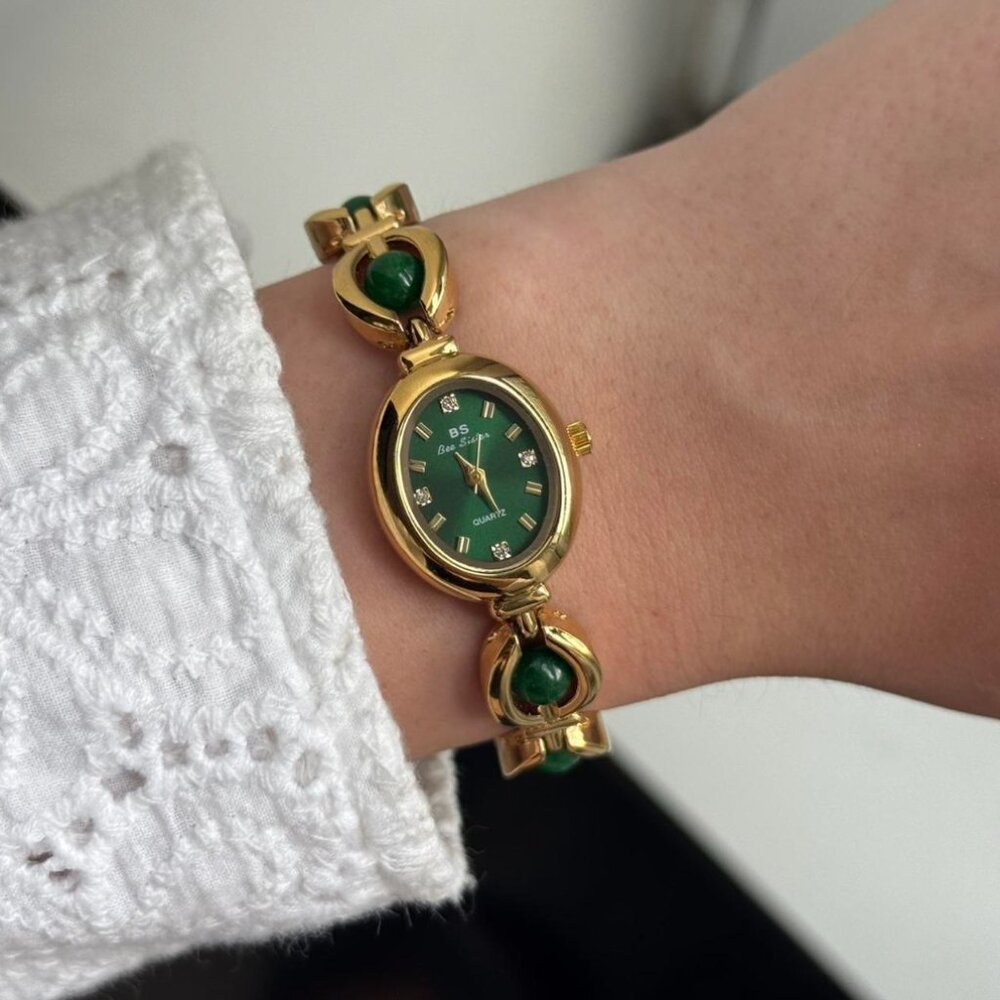 Sku0456 Retro Gold Green Pearl Gemstones Women Fashion Watch Bracelet + gift box - Picture 6 of 7